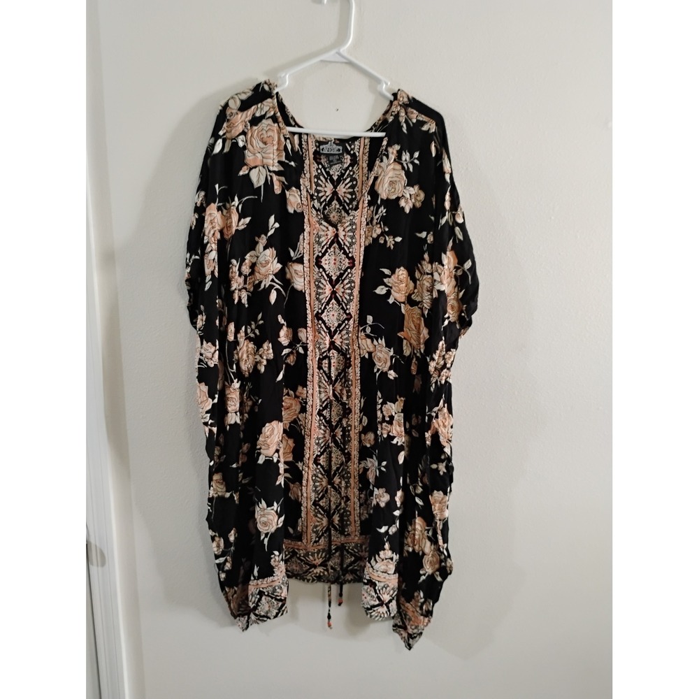 Angie Floral Kaftan Tunic Top Black Peach Rose Boho Kimono Sleeve Plus Size 1X
